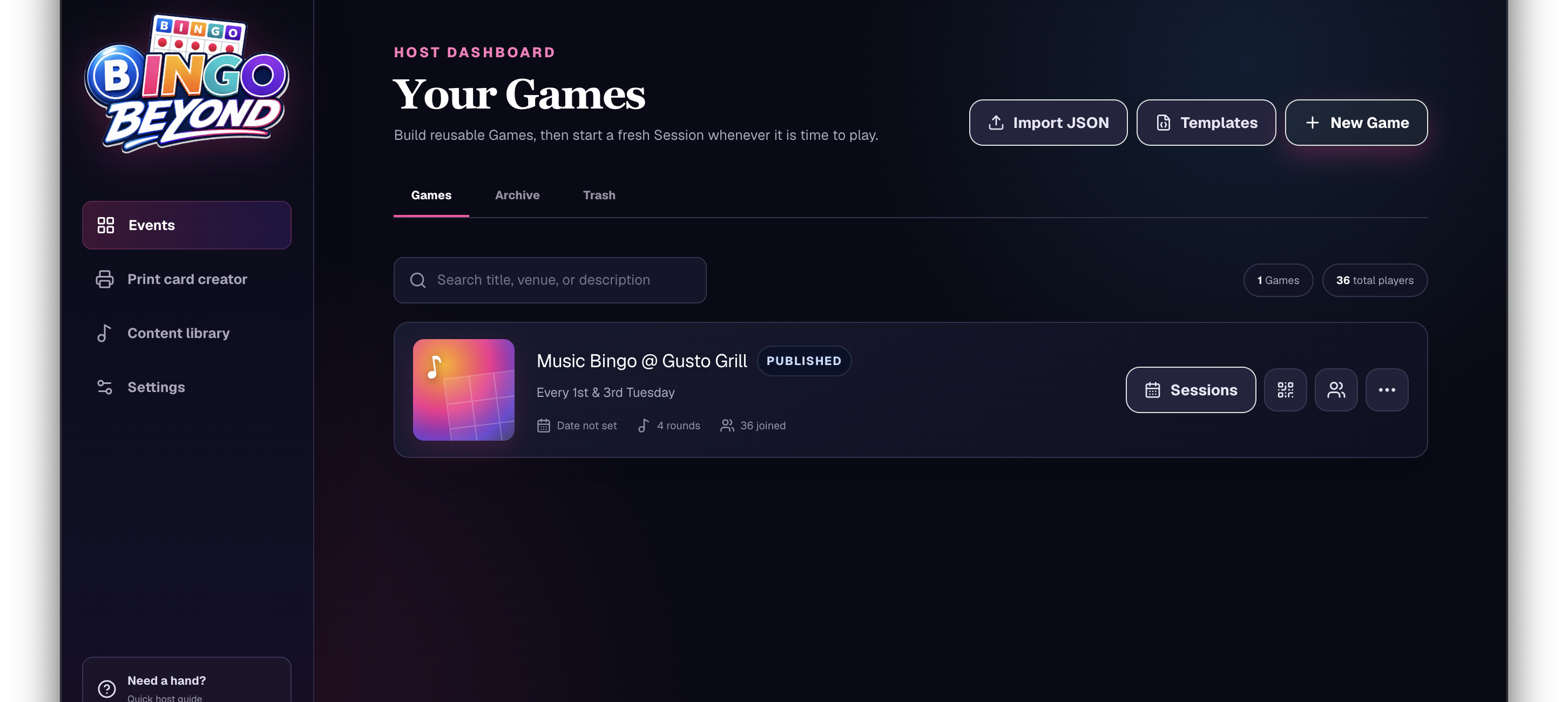 Bingo Beyond host dashboard