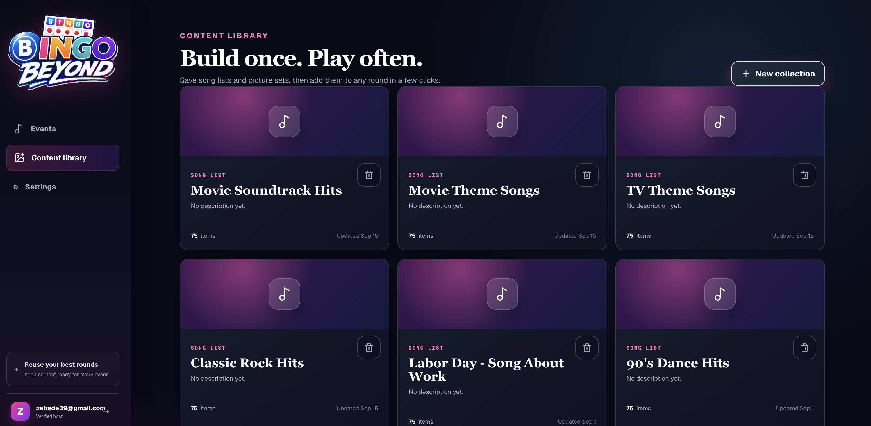 Bingo Beyond content library with reusable song list collections