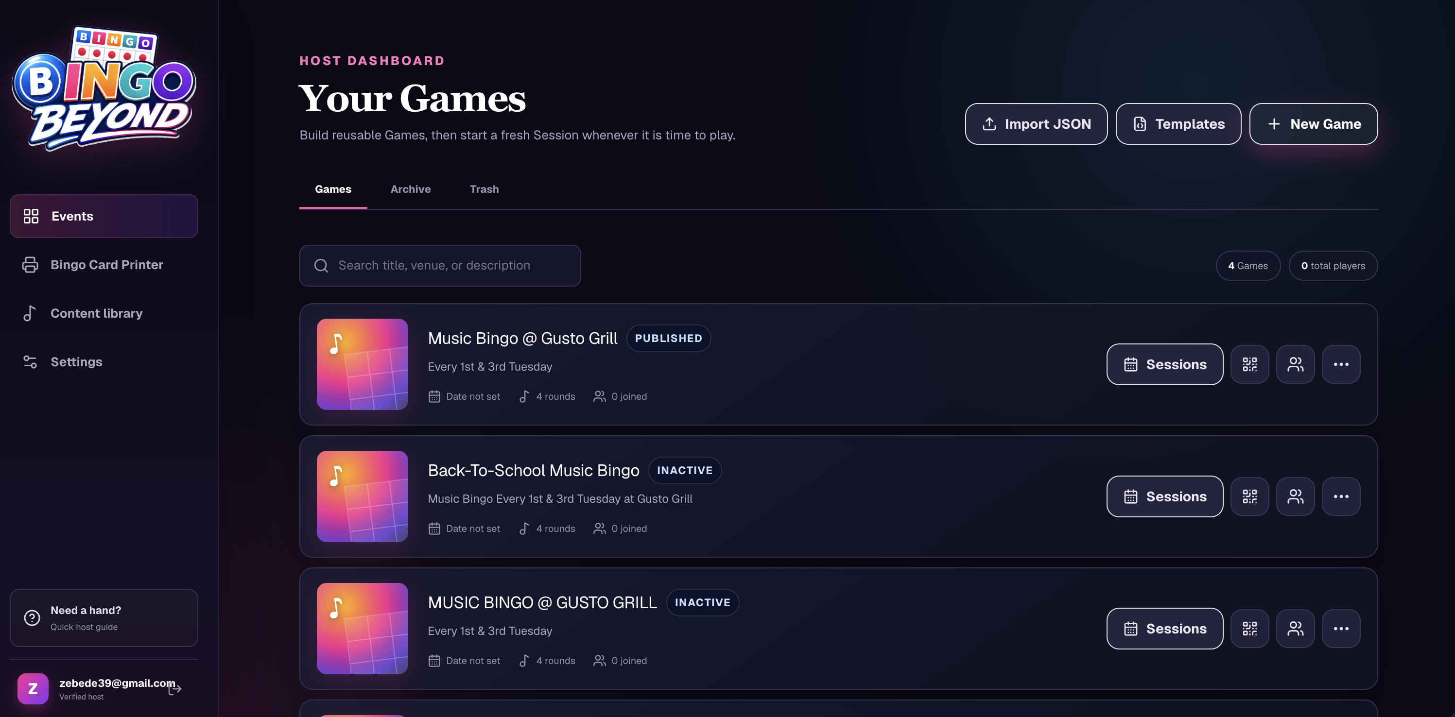 Bingo Beyond host dashboard with saved Games and Session controls